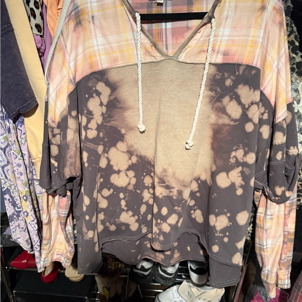 Oli and Hali Bleached Tie-Dye Plaid Women Sweatshirt